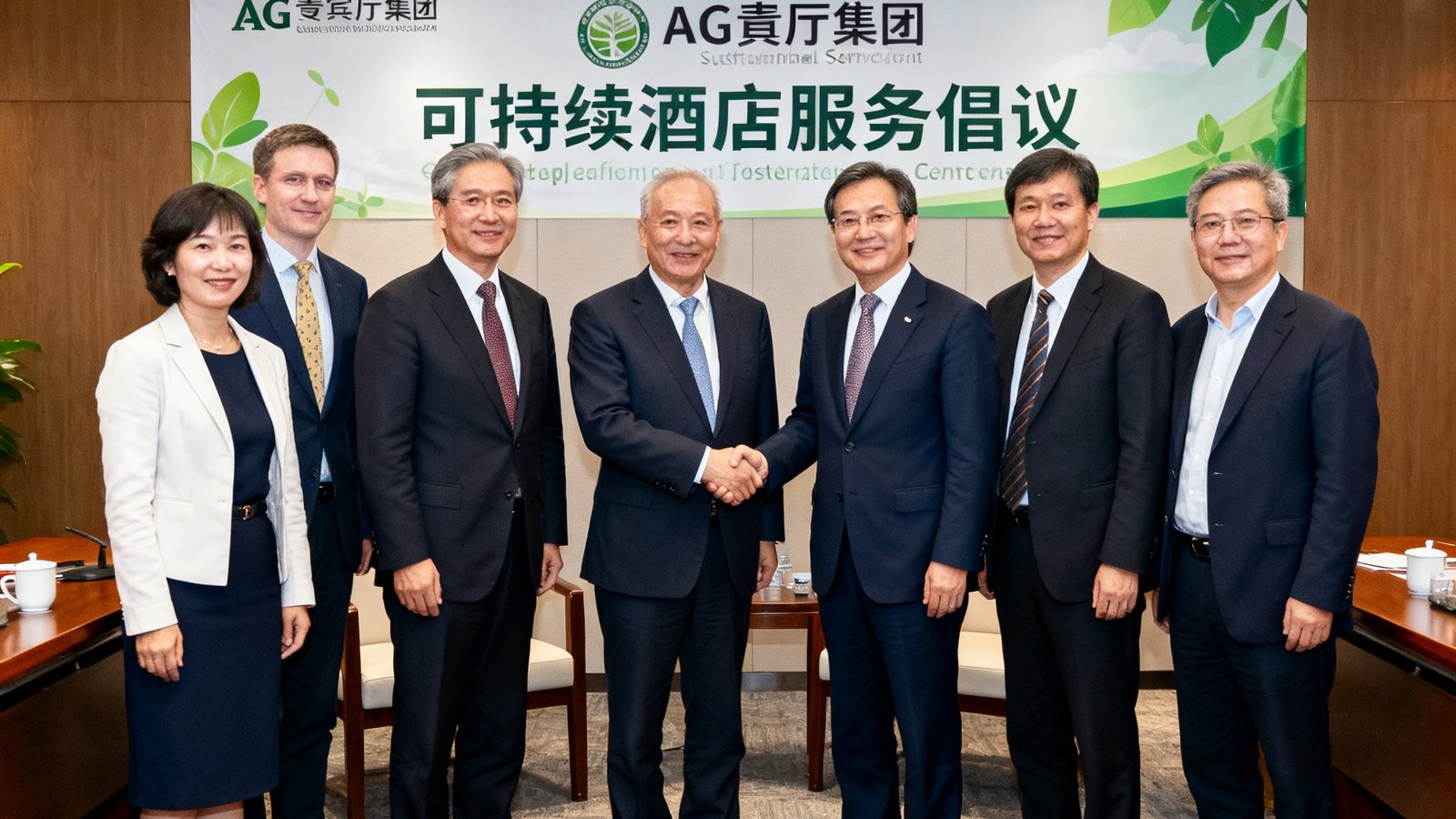 AG贵宾厅集团签署可持续酒店服务倡议，管理层与环保组织代表握手合影